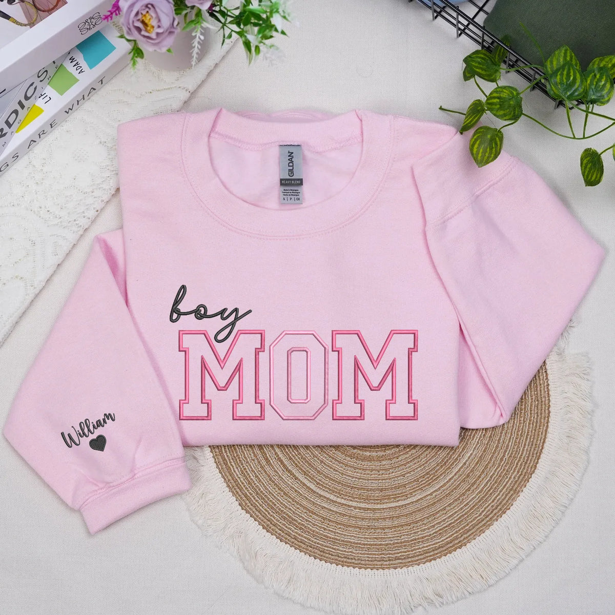 Personalized Boy Mom Sweatshirt Embroidered with Kids Names on Sleeve, Unique Gift for Mother's Day