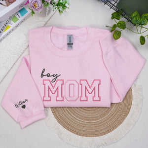 Personalized Boy Mom Sweatshirt Embroidered with Kids Names on Sleeve, Unique Gift for Mother's Day