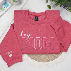 Personalized Boy Mom Sweatshirt Embroidered with Kids Names on Sleeve, Unique Gift for Mother's Day