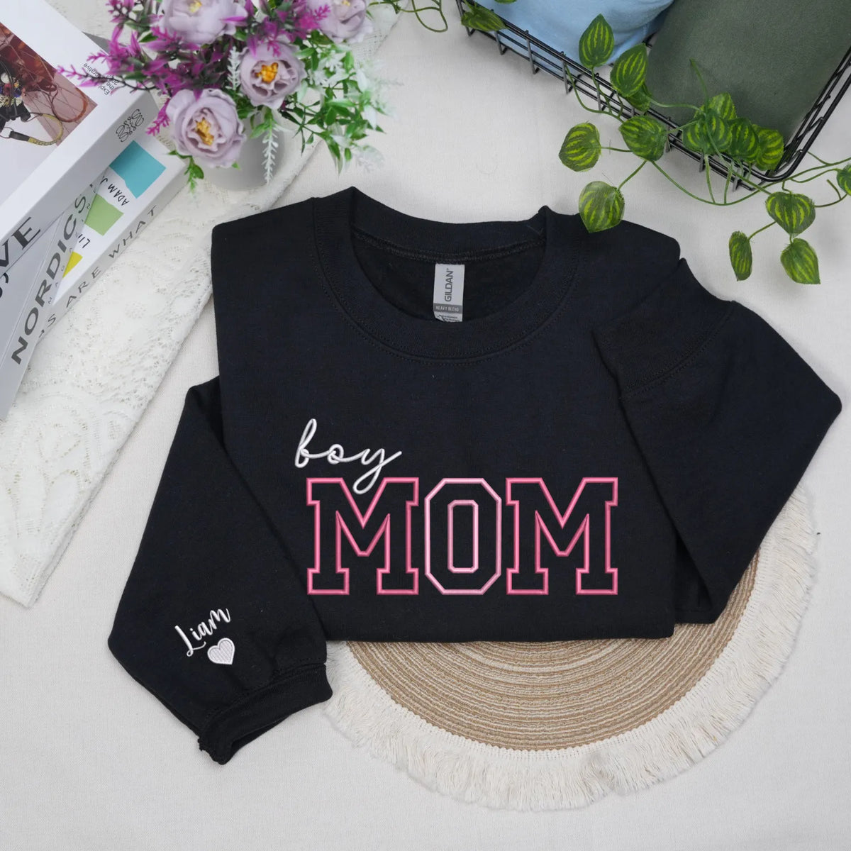Personalized Boy Mom Sweatshirt Embroidered with Kids Names on Sleeve, Unique Gift for Mother's Day