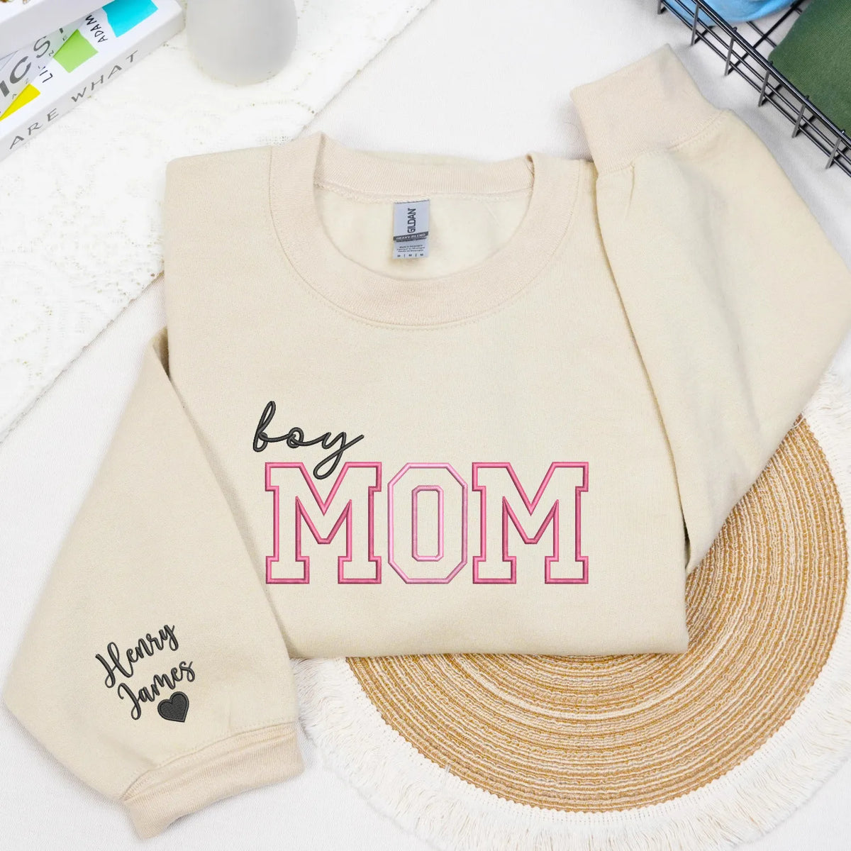 Personalized Boy Mom Sweatshirt Embroidered with Kids Names on Sleeve, Unique Gift for Mother's Day