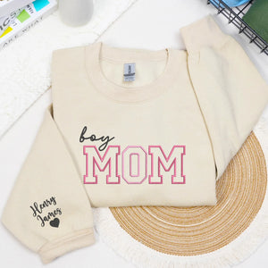 Personalized Boy Mom Sweatshirt Embroidered with Kids Names on Sleeve, Unique Gift for Mother's Day