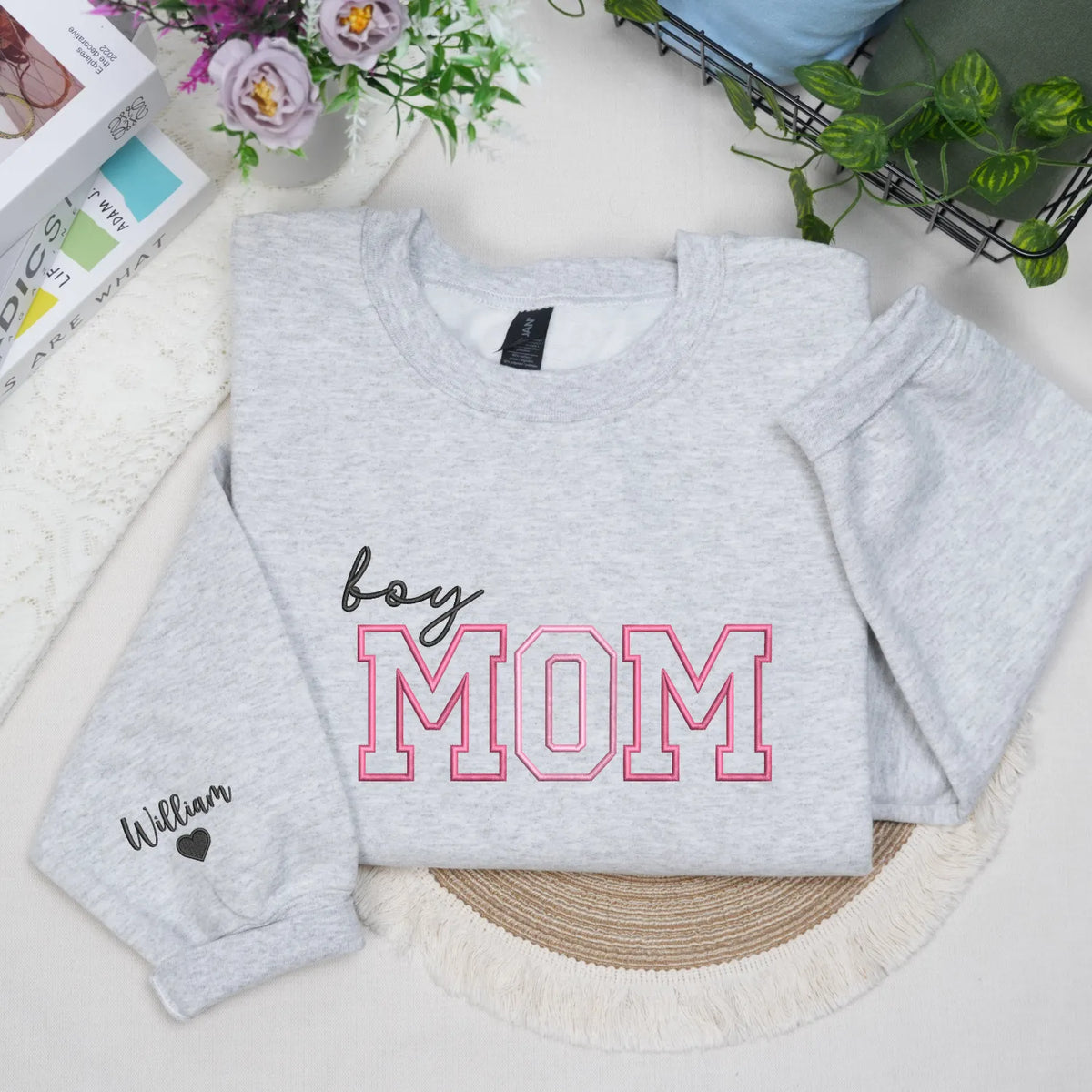 Personalized Boy Mom Sweatshirt Embroidered with Kids Names on Sleeve, Unique Gift for Mother's Day