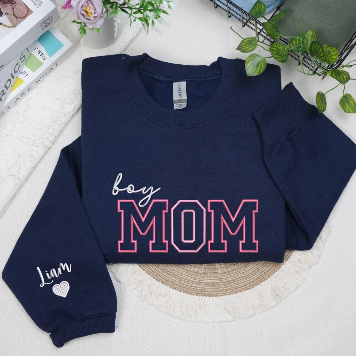 Personalized Boy Mom Sweatshirt Embroidered with Kids Names on Sleeve, Unique Gift for Mother's Day