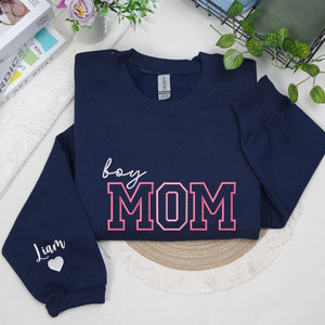 Personalized Boy Mom Sweatshirt Embroidered with Kids Names on Sleeve, Unique Gift for Mother's Day