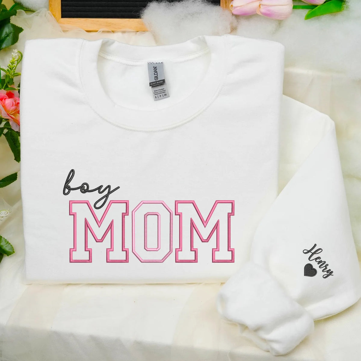 Personalized Boy Mom Sweatshirt Embroidered with Kids Names on Sleeve, Unique Gift for Mother's Day