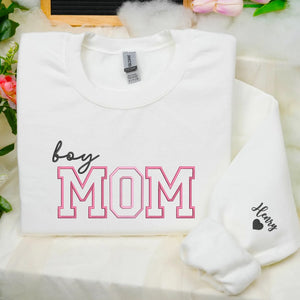 Personalized Boy Mom Sweatshirt Embroidered with Kids Names on Sleeve, Unique Gift for Mother's Day