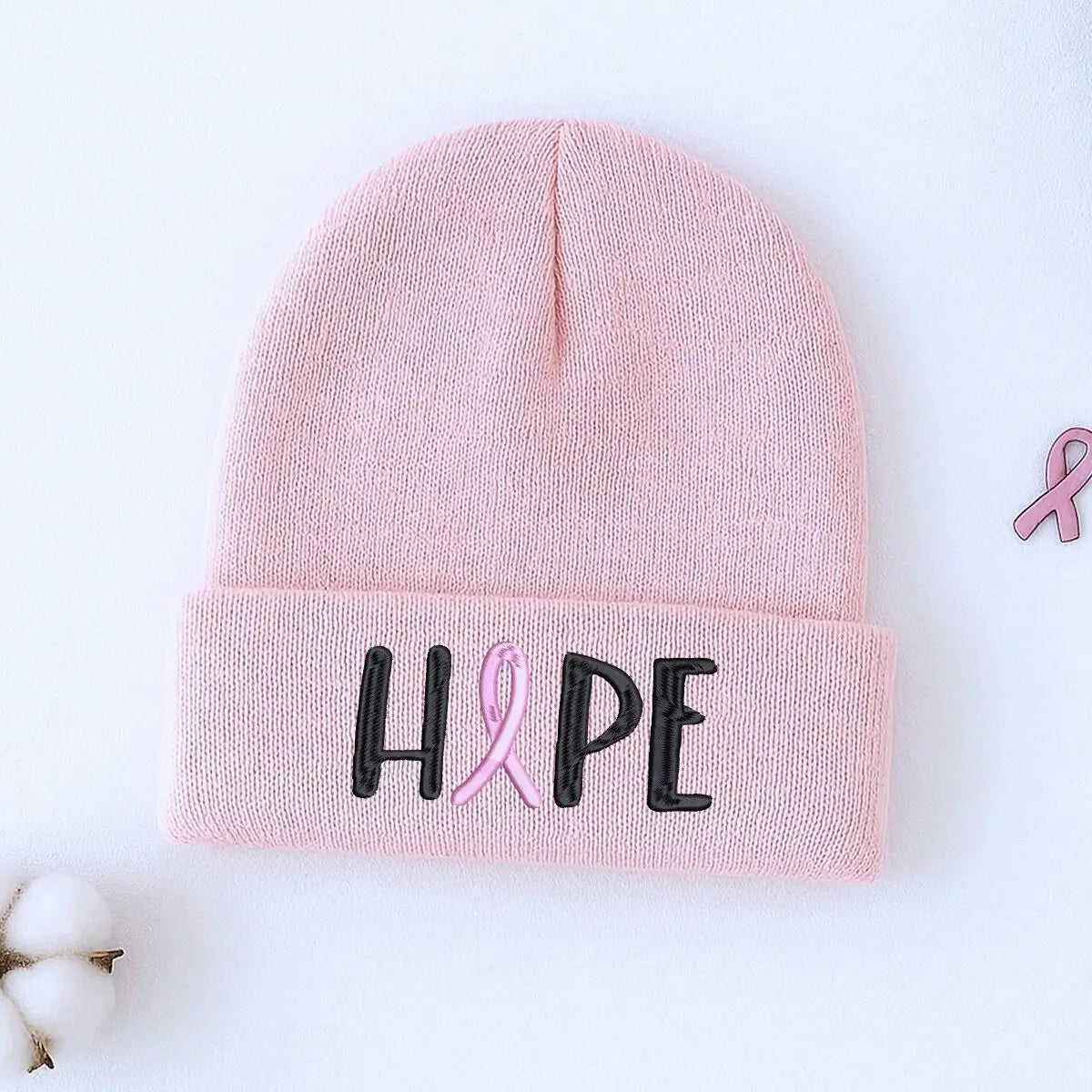 Custom embroidered pink ribbon beanie for breast cancer awareness and support gift
