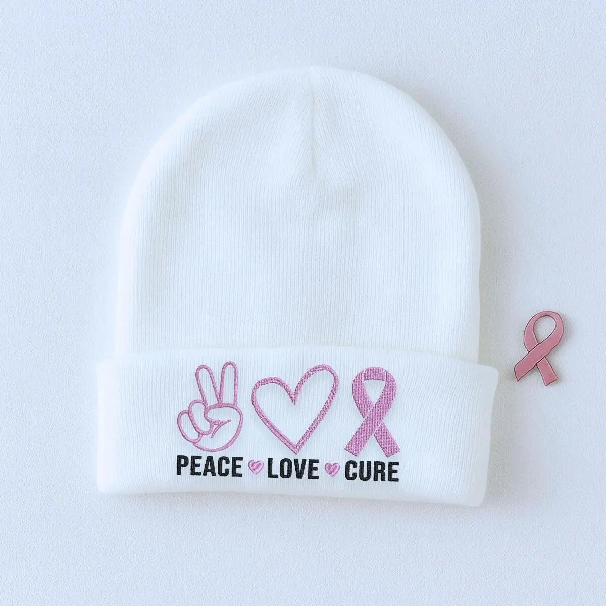 Custom embroidered pink ribbon beanie for breast cancer awareness and support gift