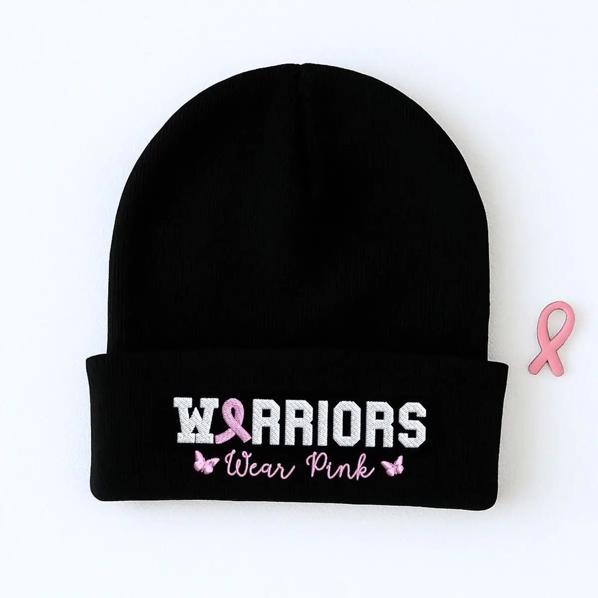 Custom embroidered pink ribbon beanie for breast cancer awareness and support gift