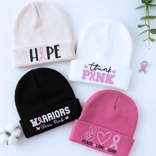 Custom embroidered pink ribbon beanie for breast cancer awareness and support gift