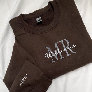 Personalized Unique Bridal Shower Gifts for Him and Her with Mr Mrs Sweatshirt Embroidered, Text Heart on Sleeve