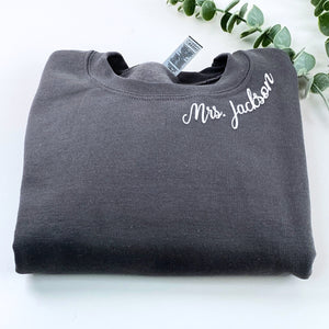 Personalized Unique Bridal Party Gifts for Bride with Embroidery Ms Mrs, EST or Any Text Icon on Sleeve