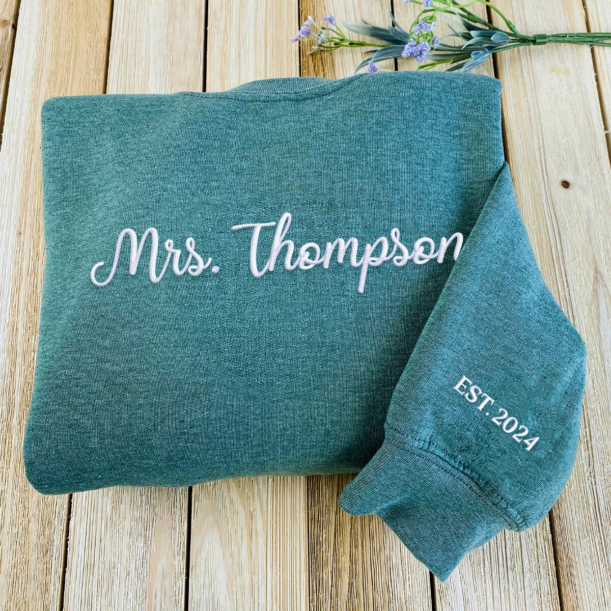 Custom Mrs Sweatshirt Embroidered, Bride Gifts for Honeymoon Wedding Day with Initial Heart or Roman Date on Sleeve - Embroly