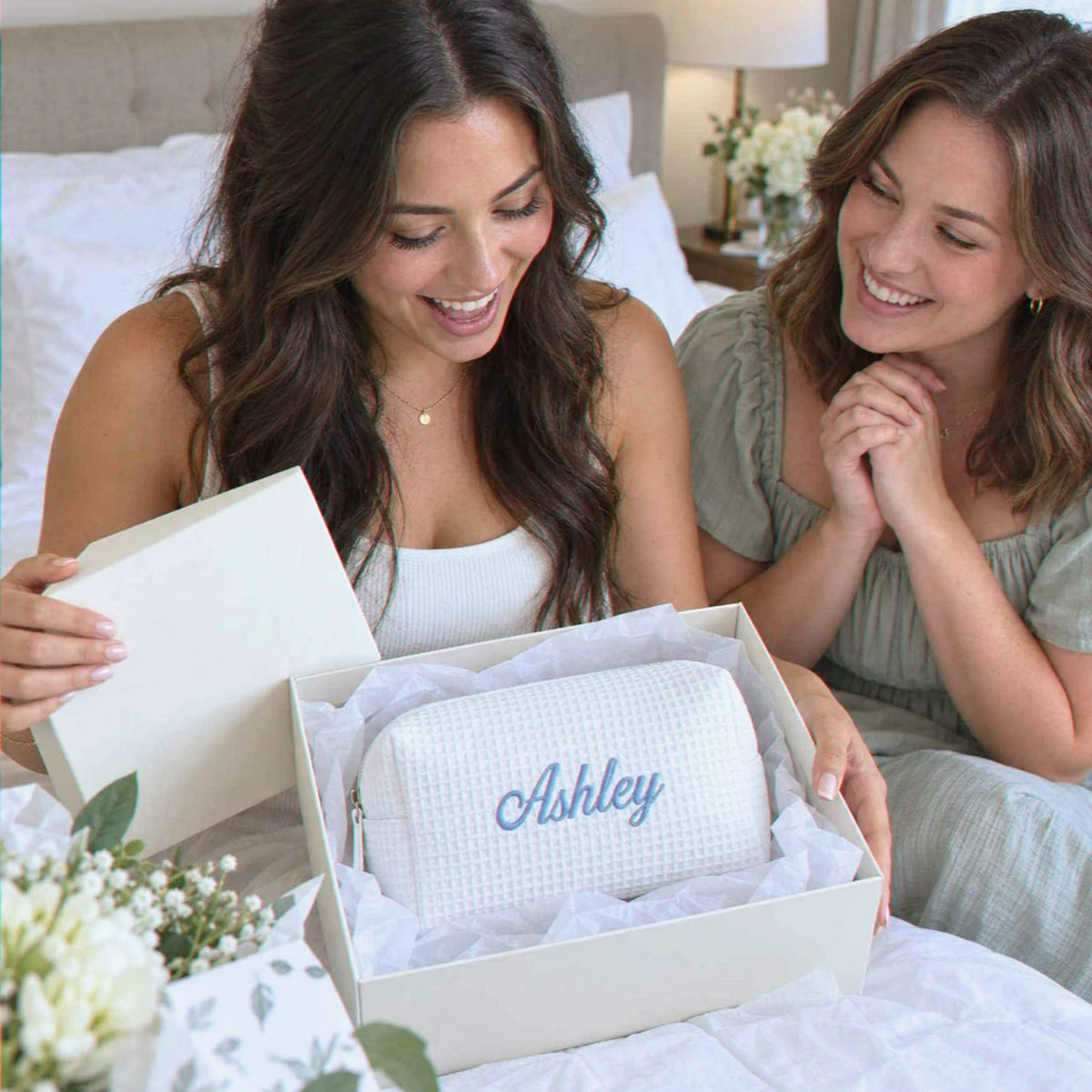 Personalized Bridesmaid Makeup Bag, Embroidered Waffle Cosmetic Bag, Bridal Shower Gift, Monogram Toiletry Bag
