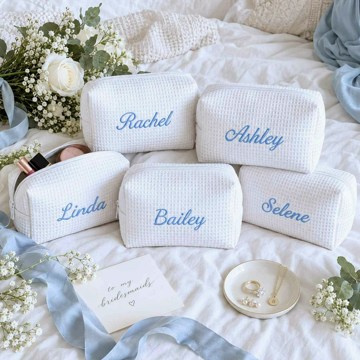 Personalized Bridesmaid Makeup Bag, Embroidered Waffle Cosmetic Bag, Bridal Shower Gift, Monogram Toiletry Bag