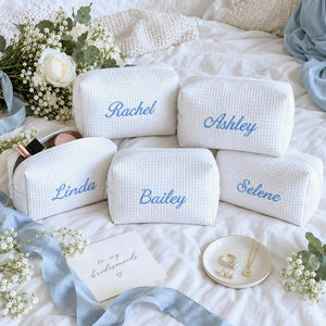 Personalized Bridesmaid Makeup Bag, Embroidered Waffle Cosmetic Bag, Bridal Shower Gift, Monogram Toiletry Bag