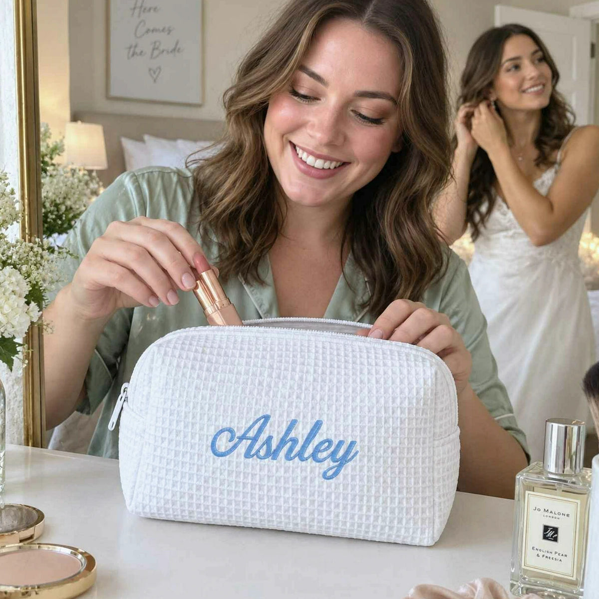 Personalized Bridesmaid Makeup Bag, Embroidered Waffle Cosmetic Bag, Bridal Shower Gift, Monogram Toiletry Bag