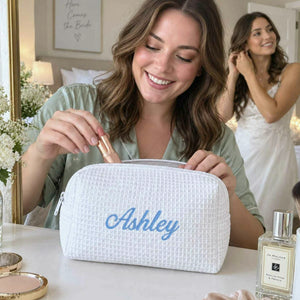 Personalized Bridesmaid Makeup Bag, Embroidered Waffle Cosmetic Bag, Bridal Shower Gift, Monogram Toiletry Bag
