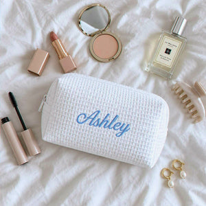 Personalized Bridesmaid Makeup Bag, Embroidered Waffle Cosmetic Bag, Bridal Shower Gift, Monogram Toiletry Bag