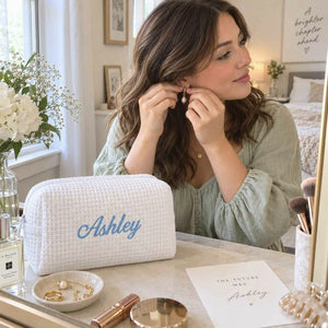 Personalized Bridesmaid Makeup Bag, Embroidered Waffle Cosmetic Bag, Bridal Shower Gift, Monogram Toiletry Bag