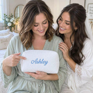 Personalized Bridesmaid Makeup Bag, Embroidered Waffle Cosmetic Bag, Bridal Shower Gift, Monogram Toiletry Bag