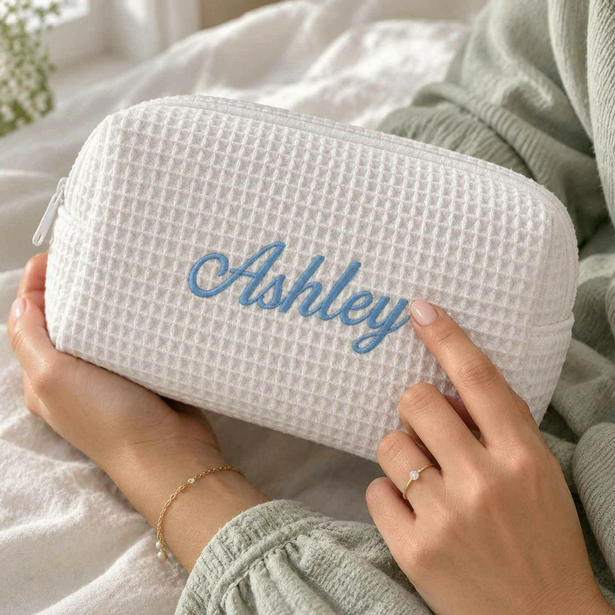 Personalized Bridesmaid Makeup Bag, Embroidered Waffle Cosmetic Bag, Bridal Shower Gift, Monogram Toiletry Bag