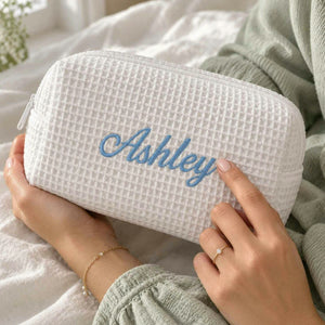 Personalized Bridesmaid Makeup Bag, Embroidered Waffle Cosmetic Bag, Bridal Shower Gift, Monogram Toiletry Bag
