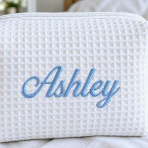 Personalized Bridesmaid Makeup Bag, Embroidered Waffle Cosmetic Bag, Bridal Shower Gift, Monogram Toiletry Bag