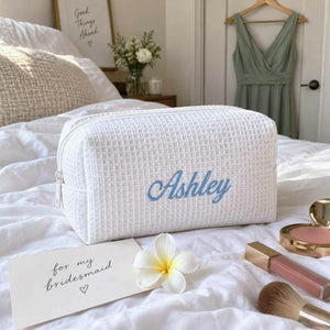 Personalized Bridesmaid Makeup Bag, Embroidered Waffle Cosmetic Bag, Bridal Shower Gift, Monogram Toiletry Bag