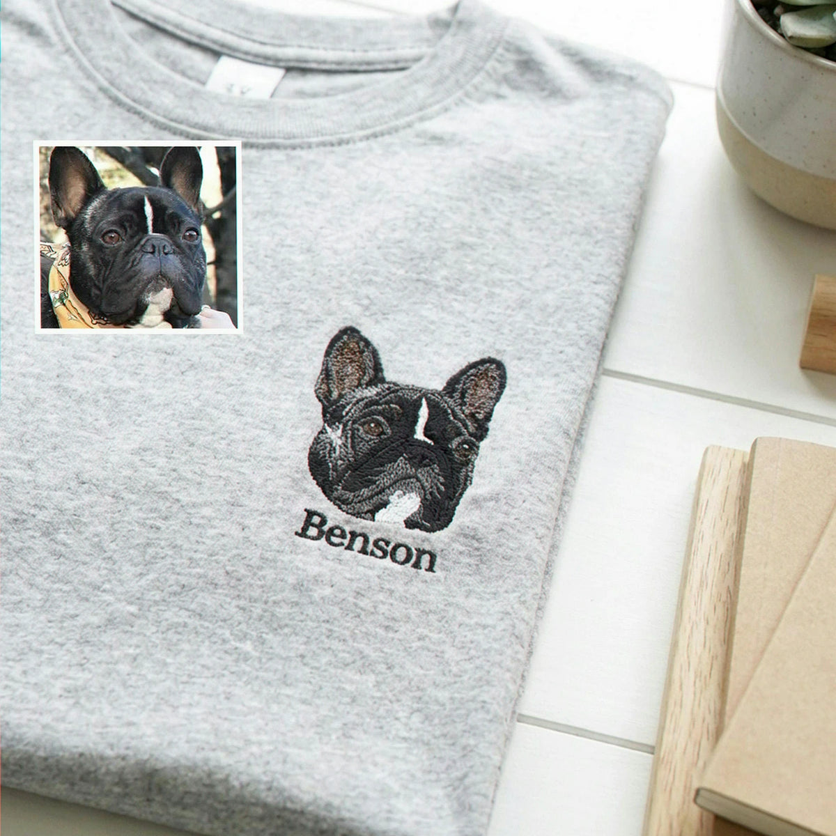 Custom Bulldogs Portrait using Photo T-Shirt - Embroidered Dog Dad Tee for Birthday Gift