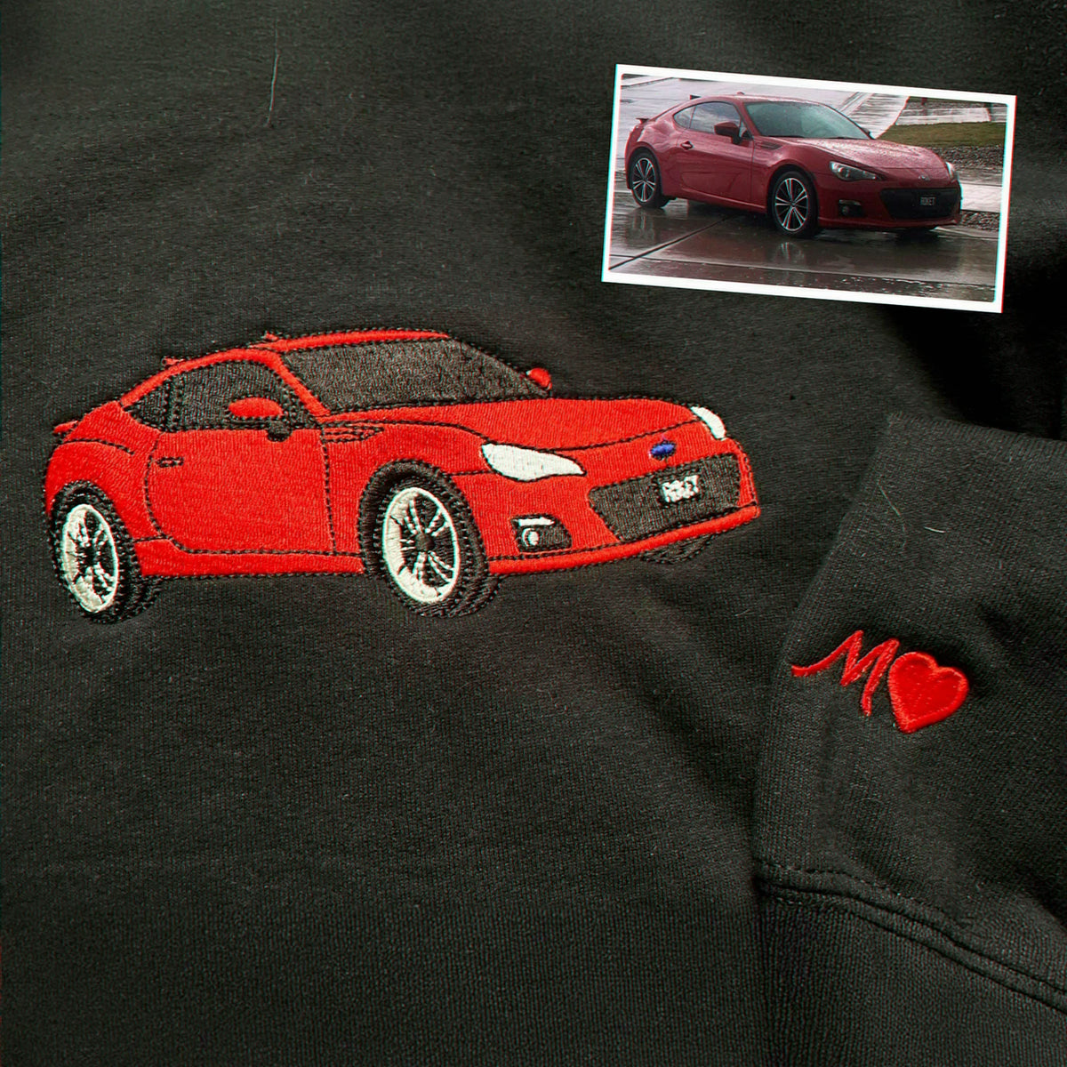Black embroidered car portrait sweatshirt, made from vehicle photo, designed for car lovers who want a wearable keepsake