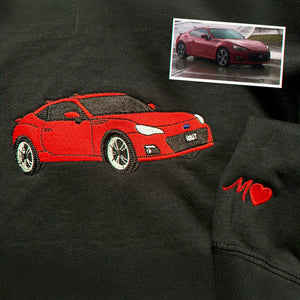 Black embroidered car portrait sweatshirt, made from vehicle photo, designed for car lovers who want a wearable keepsake