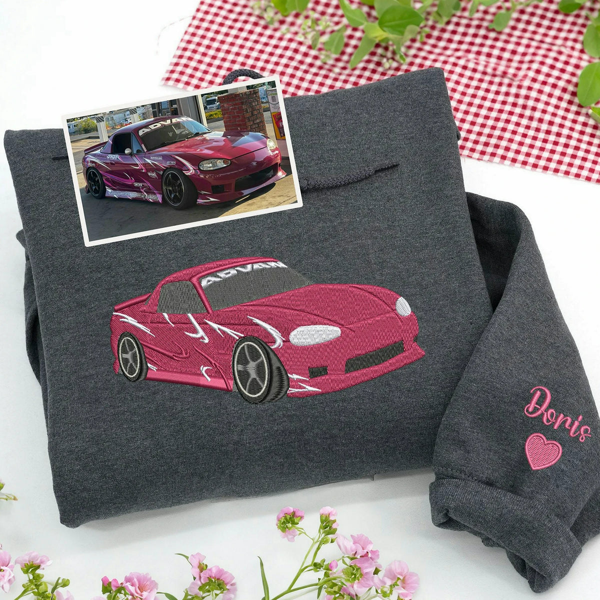 Custom charcoal hoodie with car portrait from photo, gift for girlfriend