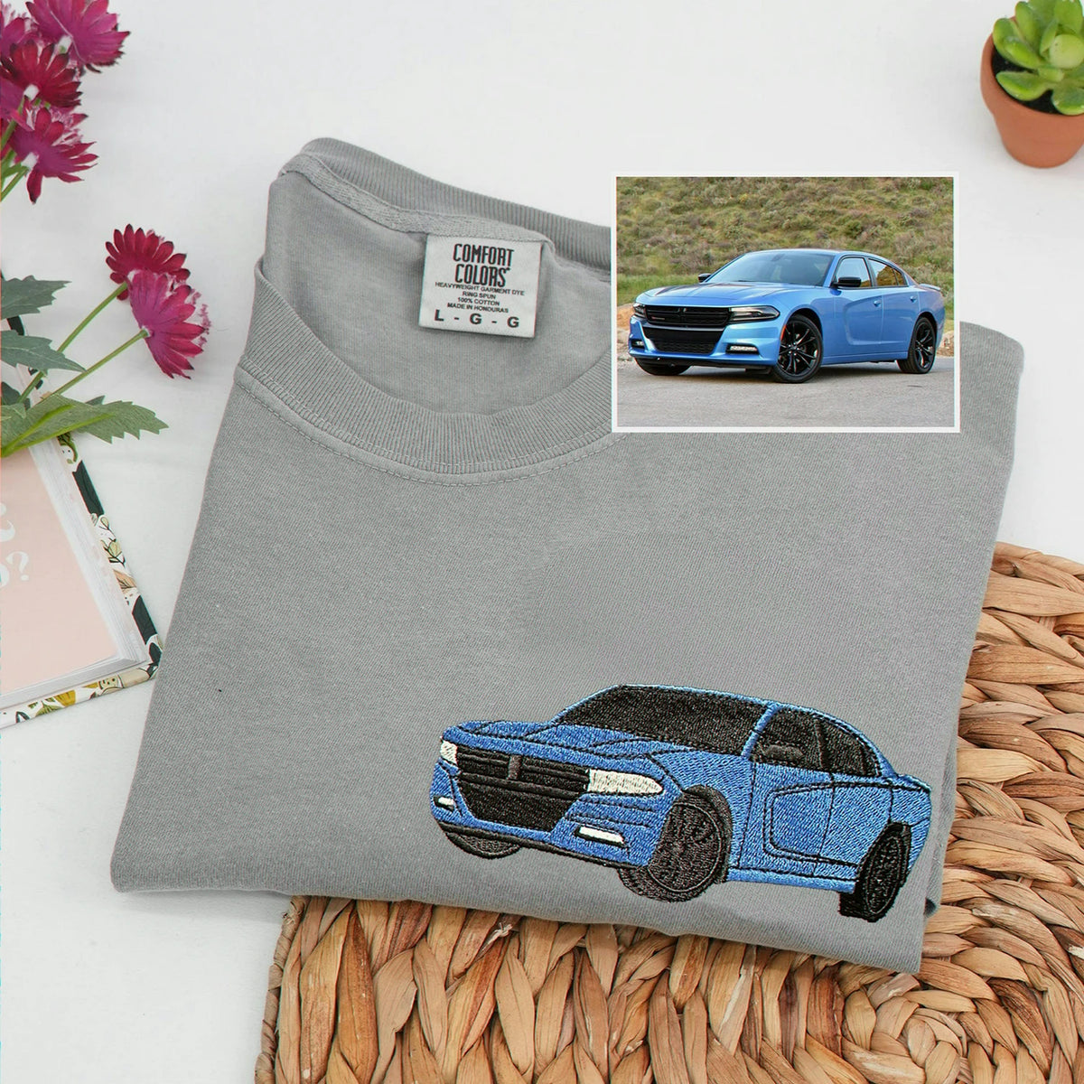 Custom Embroidered Car Portrait from Photo T-Shirt, Car Show Gifts