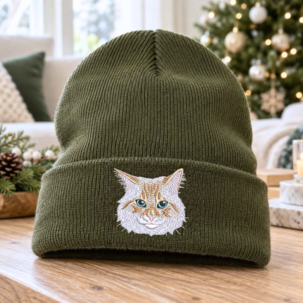 Custom Cat Portrait Beanie, Embroidered Cat Face Photo Knitted Hat, Christmas Gifts for Pet Lovers or Cat Mom