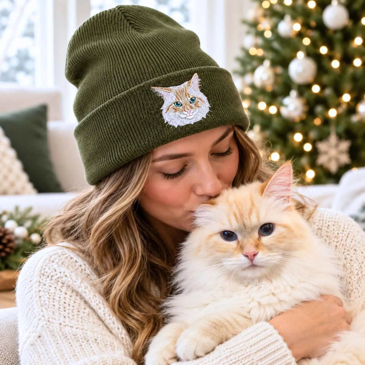 Custom Cat Portrait Beanie, Embroidered Cat Face Photo Knitted Hat, Christmas Gifts for Pet Lovers or Cat Mom
