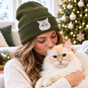 Custom Cat Portrait Beanie, Embroidered Cat Face Photo Knitted Hat, Christmas Gifts for Pet Lovers or Cat Mom