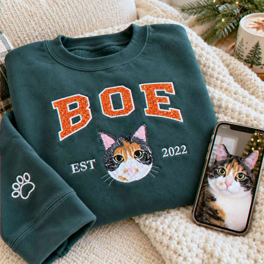 Custom Glitter Cat Sweatshirt for Cat Mom, Embroidered Pet Photo Crewneck, First Time Cat Mom Christmas Gift