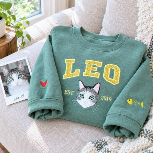 Custom Glitter Cat Portrait Sweatshirt, Embroidered Cat Name Varsity Applique Crewneck, Cat Mom Gift