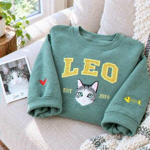 Custom Glitter Cat Portrait Sweatshirt, Embroidered Cat Name Varsity Applique Crewneck, Cat Mom Gift