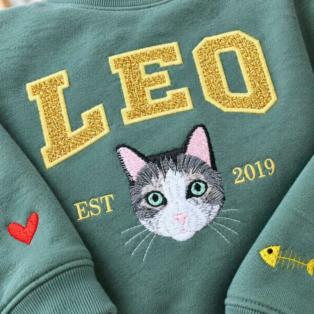 Custom Glitter Cat Portrait Sweatshirt, Embroidered Cat Name Varsity Applique Crewneck, Cat Mom Gift