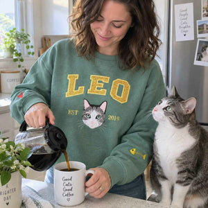 Custom Glitter Cat Portrait Sweatshirt, Embroidered Cat Name Varsity Applique Crewneck, Cat Mom Gift