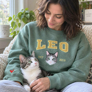 Custom Glitter Cat Portrait Sweatshirt, Embroidered Cat Name Varsity Applique Crewneck, Cat Mom Gift