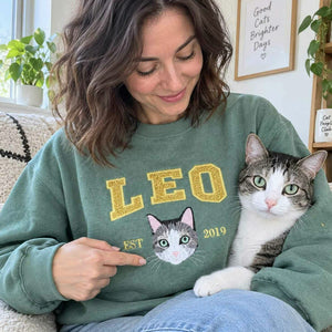 Custom Glitter Cat Portrait Sweatshirt, Embroidered Cat Name Varsity Applique Crewneck, Cat Mom Gift