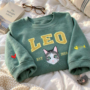 Custom Glitter Cat Portrait Sweatshirt, Embroidered Cat Name Varsity Applique Crewneck, Cat Mom Gift