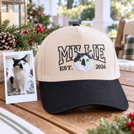 Personalized pet portrait embroidered hat with custom cat name and year, gift for cat dad