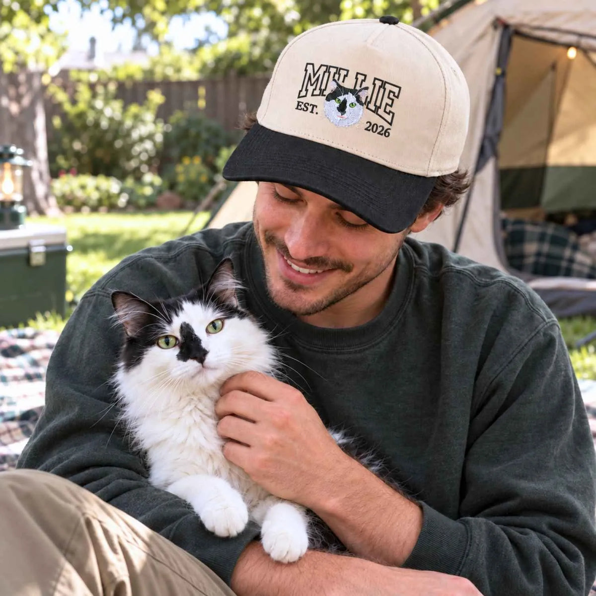 Custom Cat Photo Varsity Snapback Hat, Embroidered Cat Portrait with Est Year Cap, Christmas Gift for Cat Dad