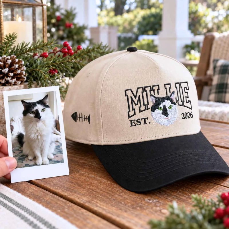 Custom Cat Photo Varsity Snapback Hat, Embroidered Cat Portrait with Est Year Cap, Christmas Gift for Cat Dad