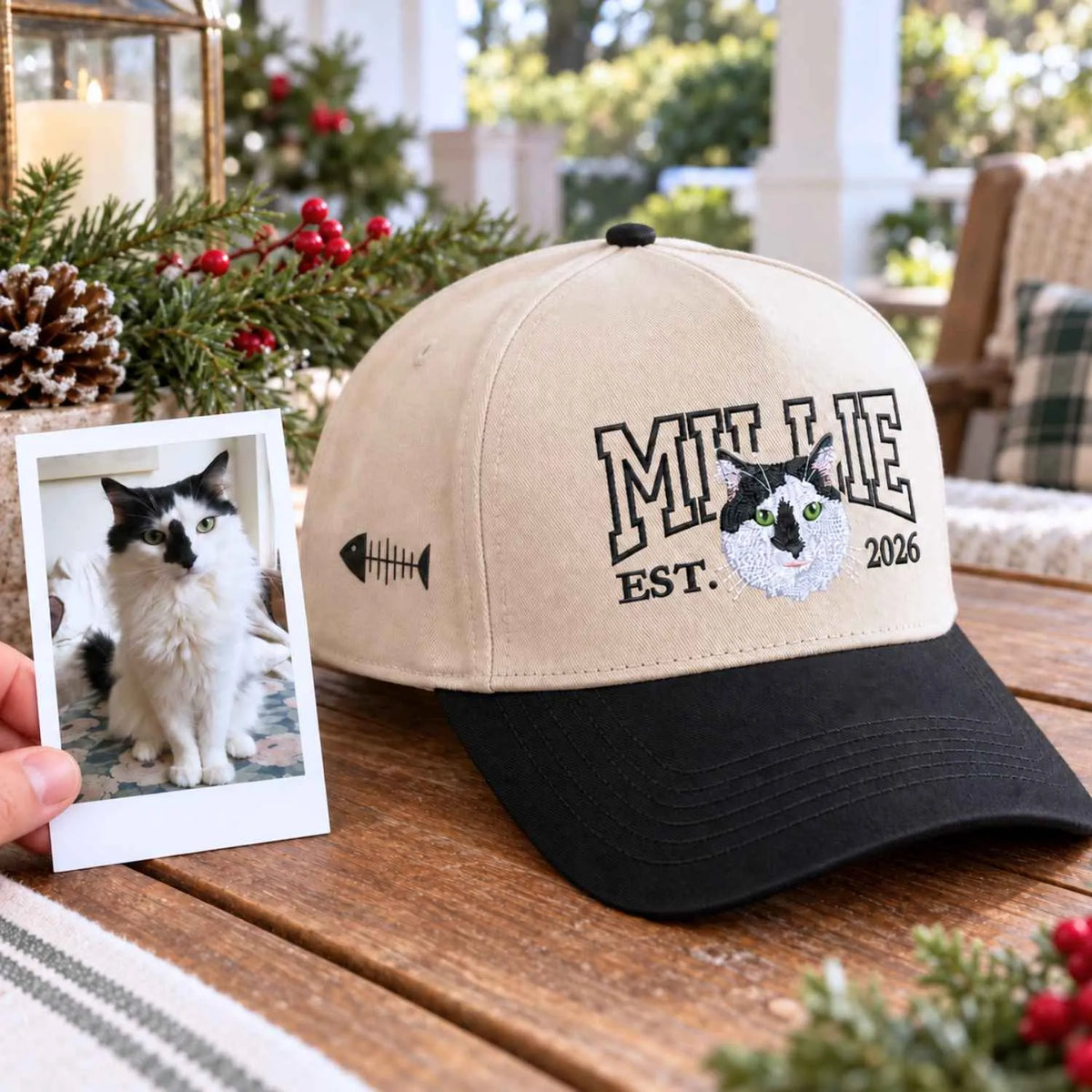 Custom Cat Photo Varsity Snapback Hat, Embroidered Cat Portrait with Est Year Cap, Christmas Gift for Cat Dad